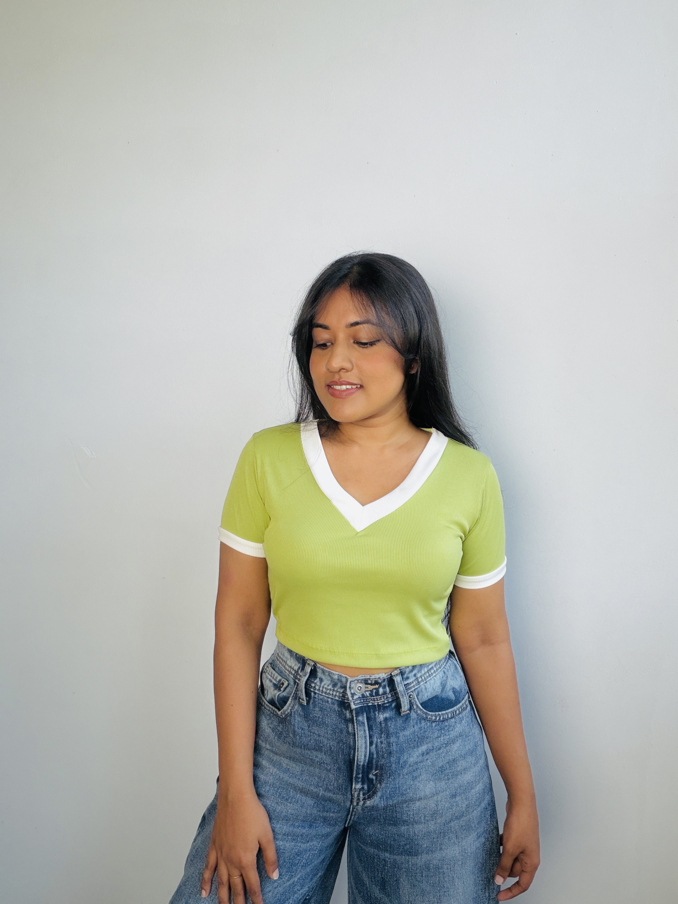 Rib Crop Tops V Neck